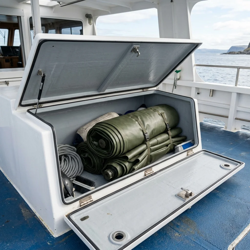 folded flexible fuel bladder ready for storage on a boat