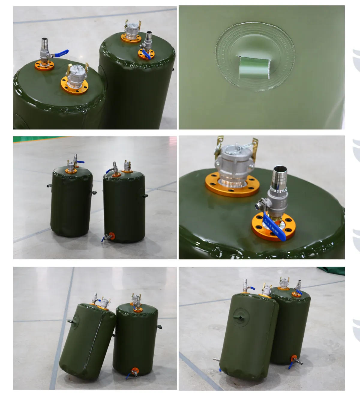 50L TPU gasoline fuel bladder fitting detail with reinforced top connector and custom valve layout